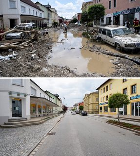 Die Bildkombo zeigt einen von der Flut betroffenen Ortsteil (oben
Archivaufnahme vom 03.06.2016, unten Aufnahme vom 21.05.2021). Vor fünf
Jahren versanken nach Dauerregen und einem Dammbruch Teile der
niederbayerischen Stadt Simbach am Inn in einem gewaltigen Hochwasser.